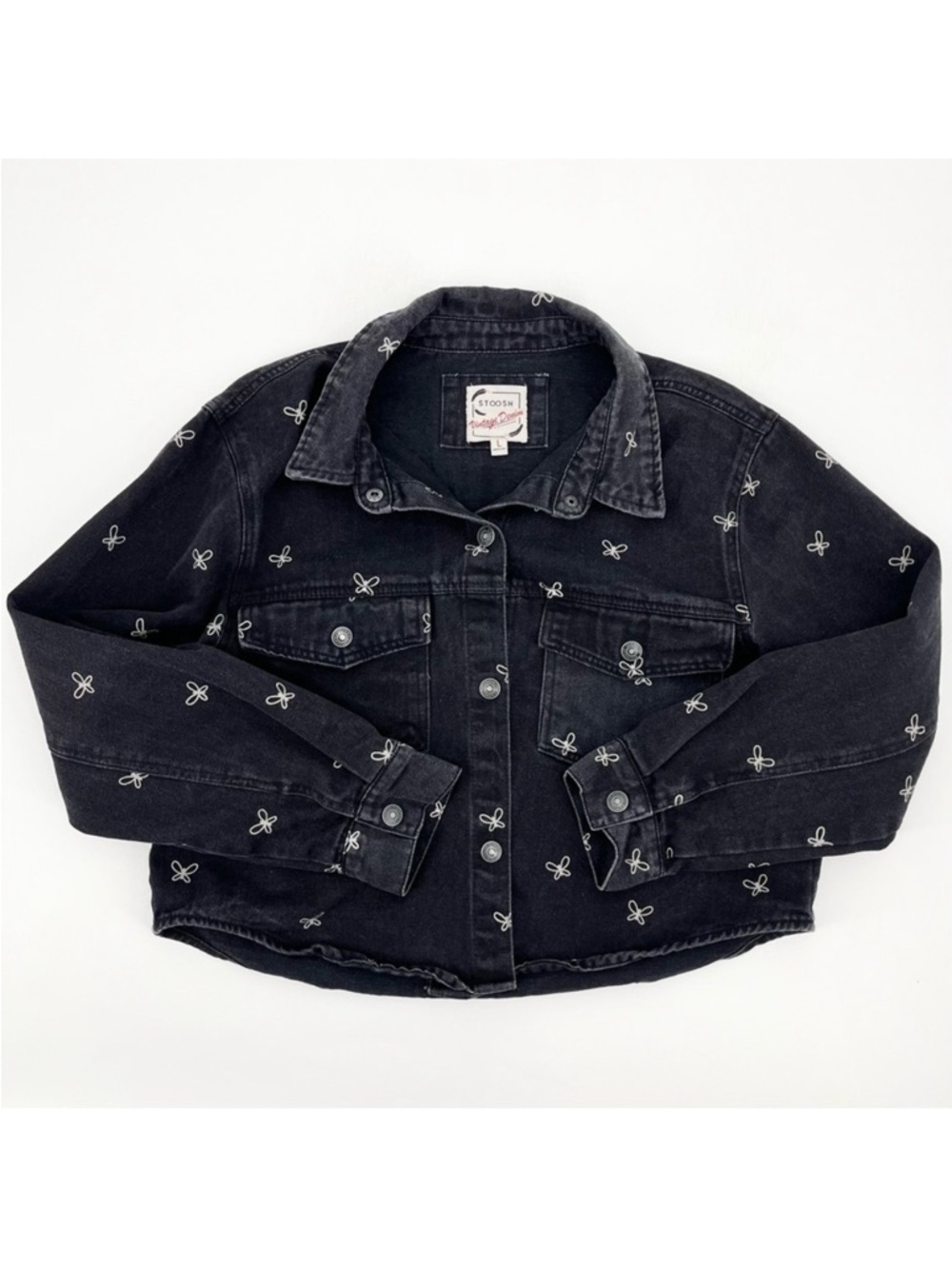 Stoosh Vintage Denim Black Butterfly Print Cropped Jean Jacket Size Large